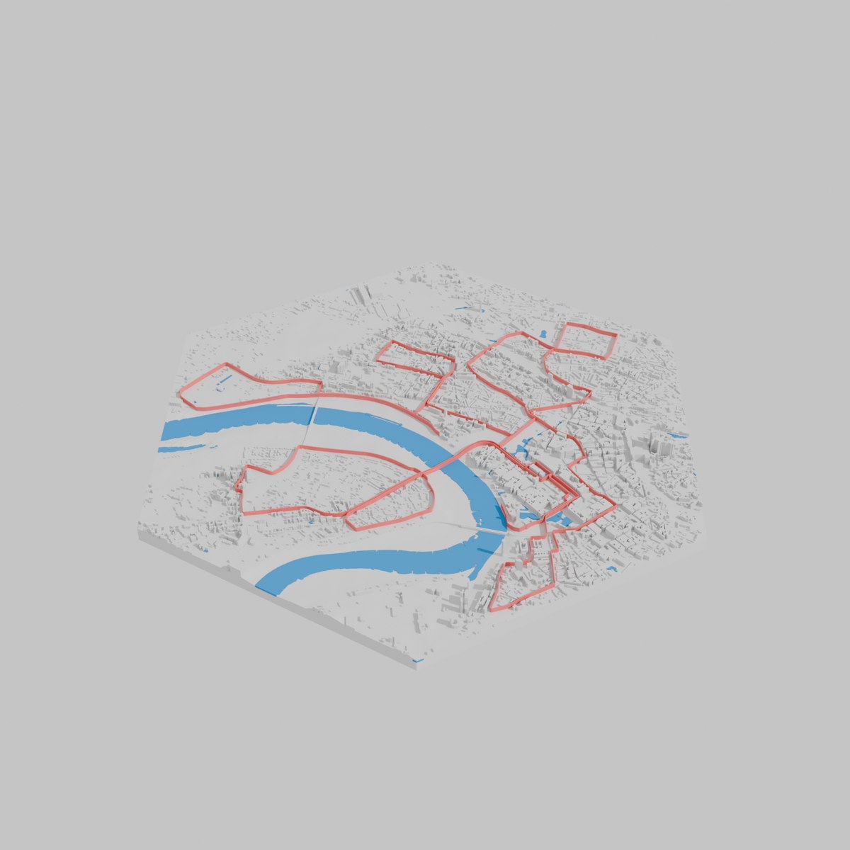 Gesamtansicht der Duesseldorf-Kachel: Track entlang des Rheins, Skyline erkennbar, keine Regression bei den Standardgebaeuden